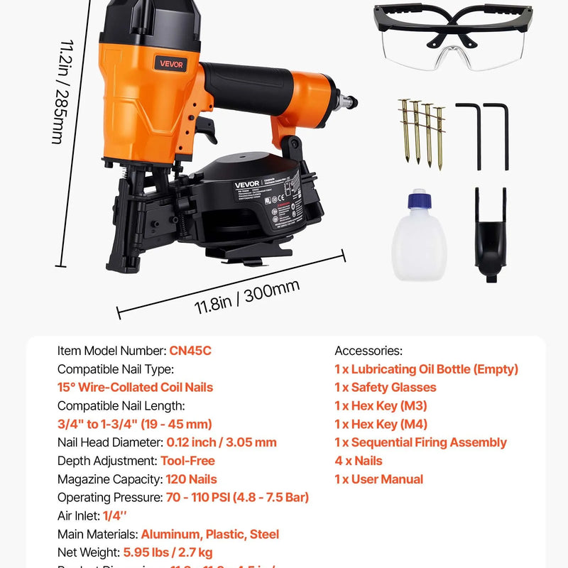 VEVOR pneimatiskais jumta naglotājs CN45C 19–45 mm, 15° ruļļu naglām, 4,8–7,5 bar, ar diviem šaušanas režīmiem un bezinstrumentu dziļuma regulēšanu