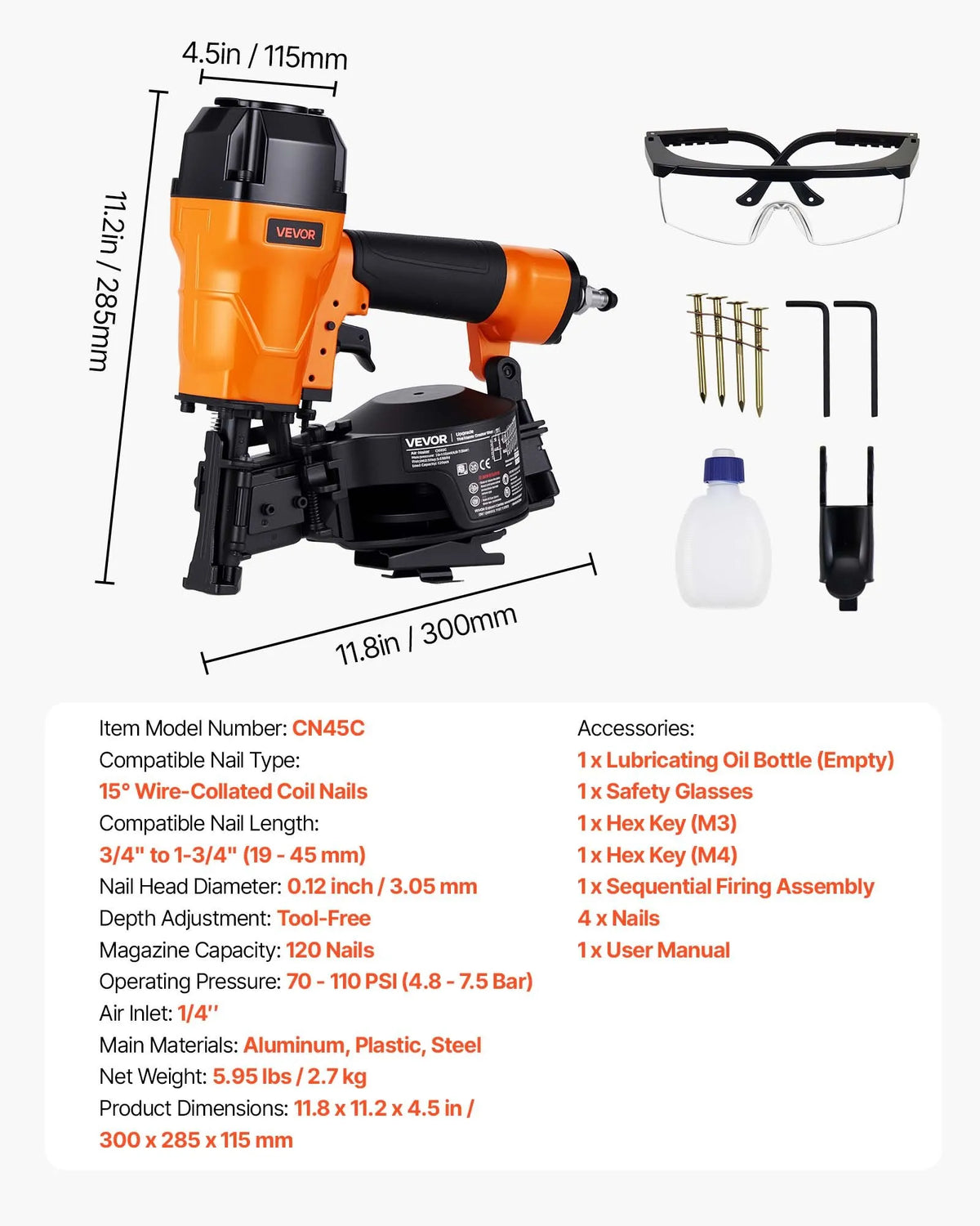 VEVOR pneumaatiline katusenaelapüss CN45C, 19–45 mm rullnaeltele, 15°, 4,8–7,5 bar, sügavuse reguleerimisega
