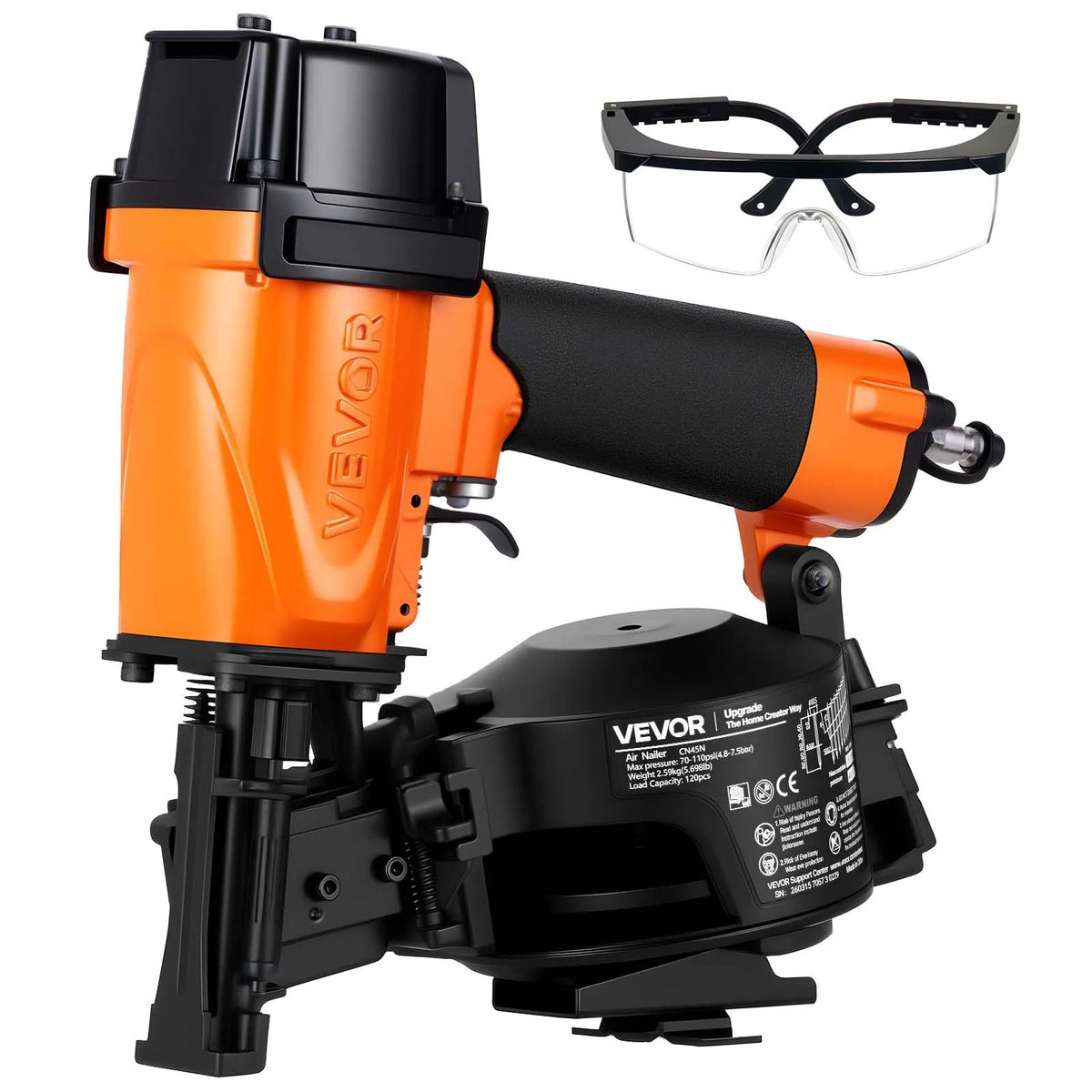 VEVOR Pneumatic Roofing Nailer CN45N, 19–45 mm Coil Nails, 15°, 4–5 Nails/s, for Bitumen Shingles