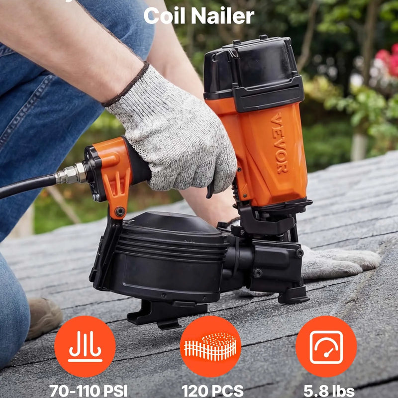 VEVOR profesionālā jumta naglu pistole CN45N, 19–45 mm, 15° pneimatiskā ruļļa naglotāja, 4–5 naglas sekundē, darba spiediens 4,8–7,5 bar, bitumena šindeļiem un jumta apšuvumam