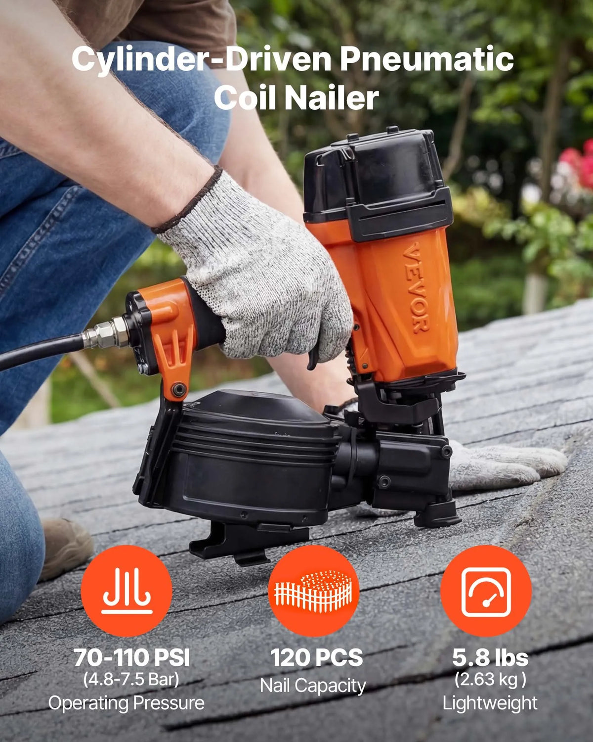 VEVOR Pneumatic Roofing Nailer CN45N, 19–45 mm Coil Nails, 15°, 4–5 Nails/s, for Bitumen Shingles