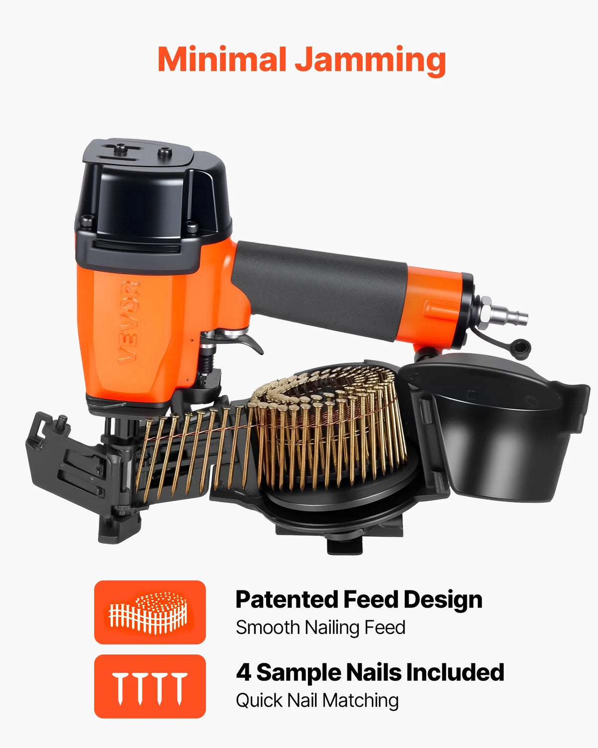 VEVOR Pneumatic Roofing Nailer CN45N, 19–45 mm Coil Nails, 15°, 4–5 Nails/s, for Bitumen Shingles