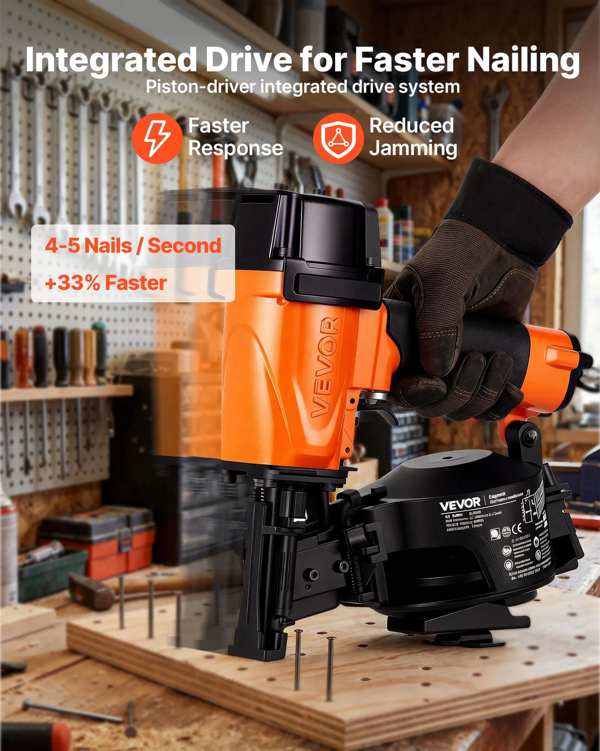 VEVOR Pneumatic Roofing Nailer CN45N, 19–45 mm Coil Nails, 15°, 4–5 Nails/s, for Bitumen Shingles