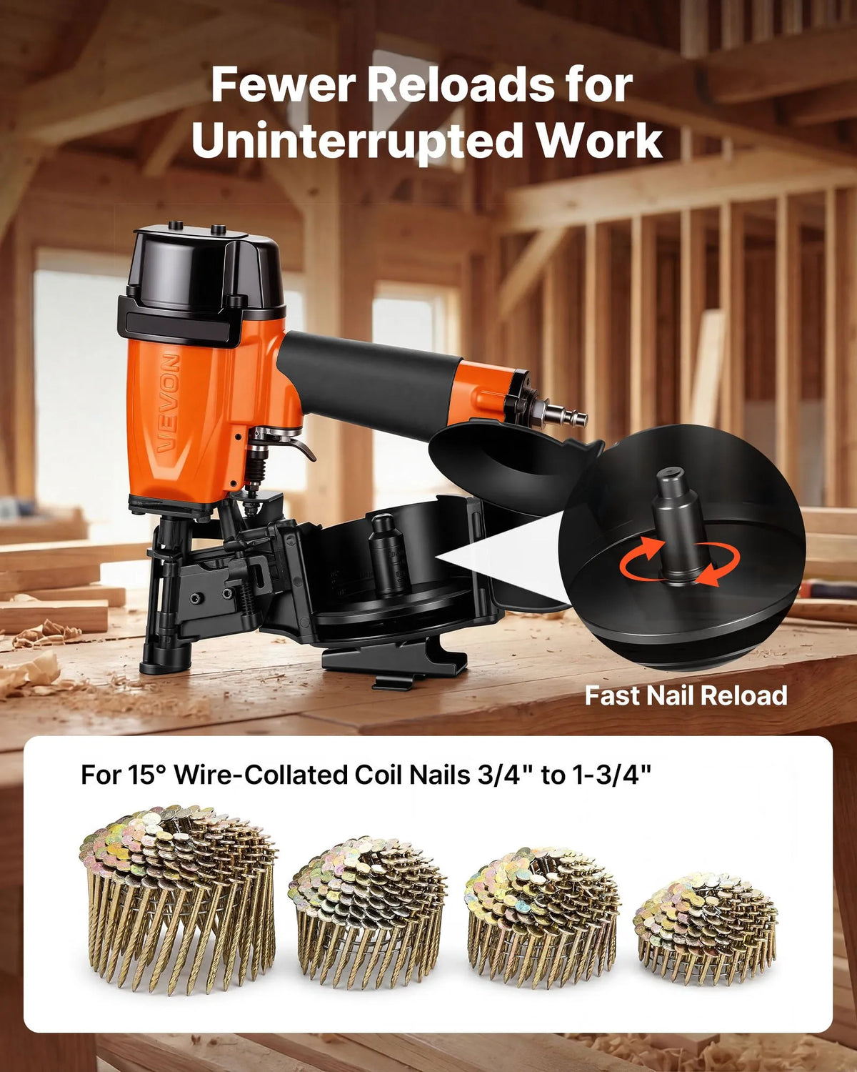 VEVOR Pneumatic Roofing Nailer CN45N, 19–45 mm Coil Nails, 15°, 4–5 Nails/s, for Bitumen Shingles