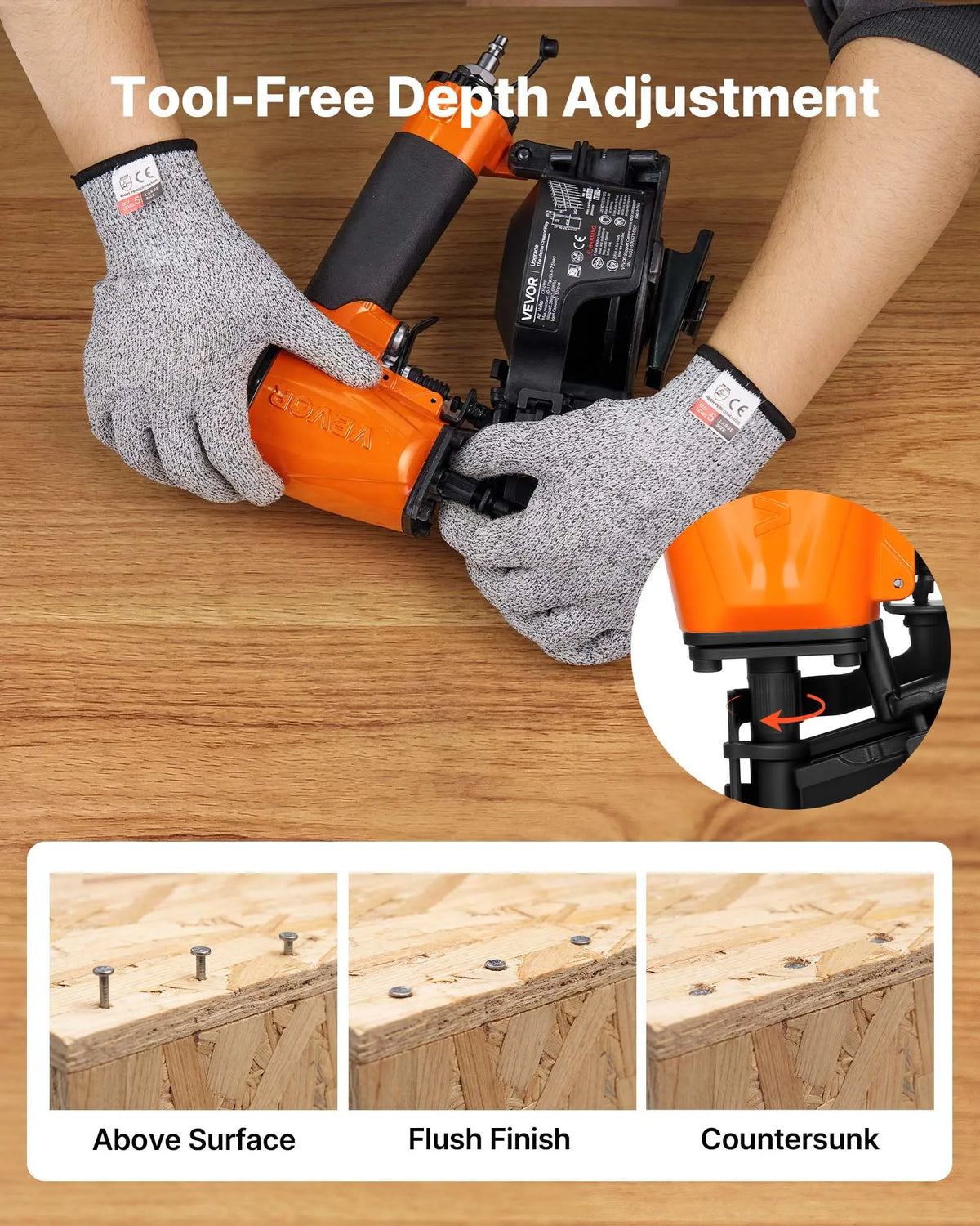 VEVOR Pneumatic Roofing Nailer CN45N, 19–45 mm Coil Nails, 15°, 4–5 Nails/s, for Bitumen Shingles