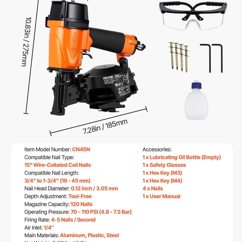 VEVOR profesionālā jumta naglu pistole CN45N, 19–45 mm, 15° pneimatiskā ruļļa naglotāja, 4–5 naglas sekundē, darba spiediens 4,8–7,5 bar, bitumena šindeļiem un jumta apšuvumam