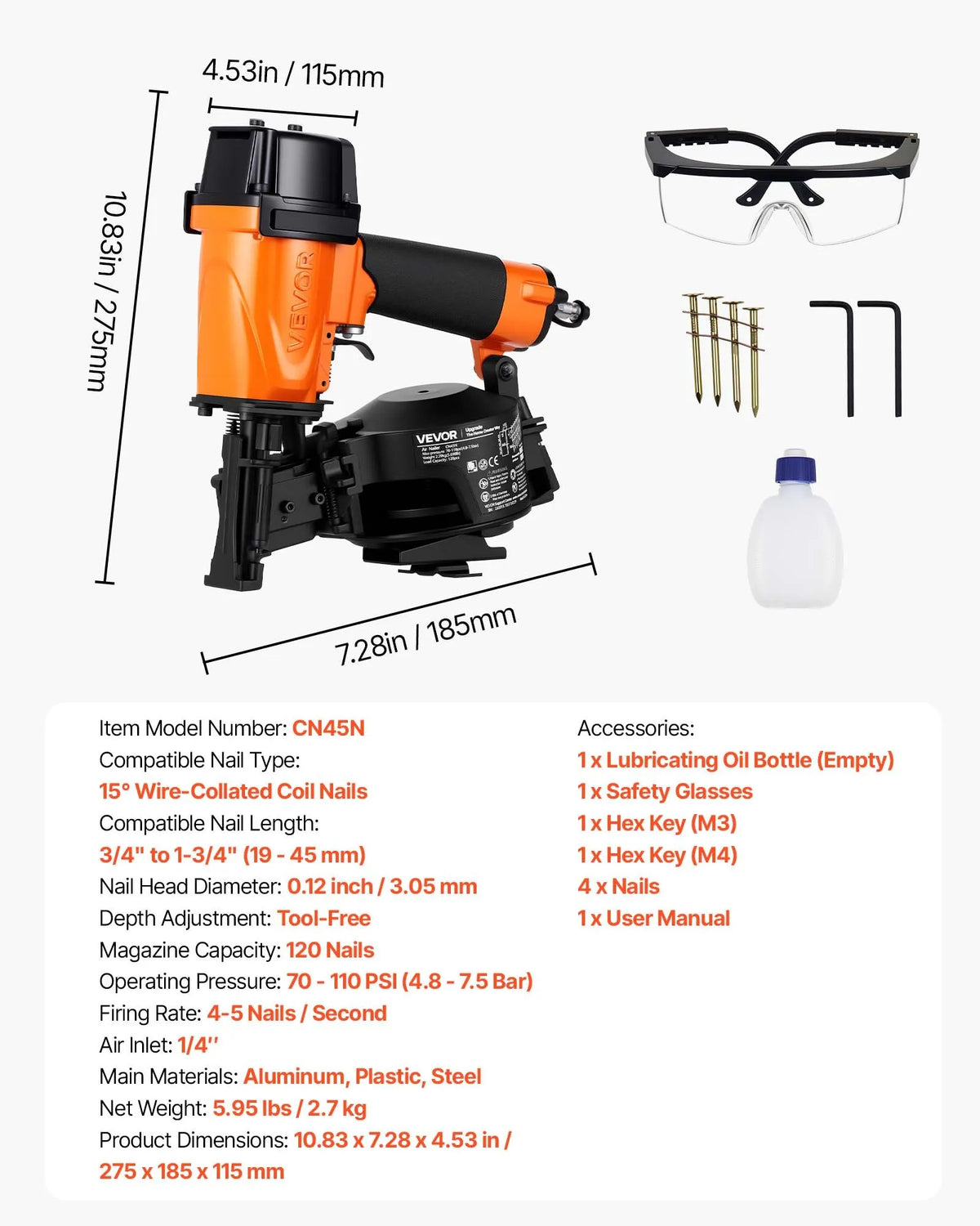 VEVOR Pneumatic Roofing Nailer CN45N, 19–45 mm Coil Nails, 15°, 4–5 Nails/s, for Bitumen Shingles