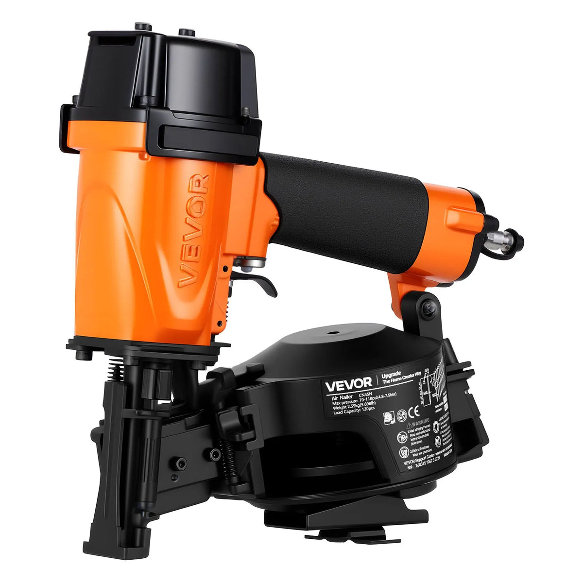VEVOR Pneumatic Roofing Nailer CN45N, 19–45 mm Coil Nails, 15°, 4–5 Nails/s, for Bitumen Shingles