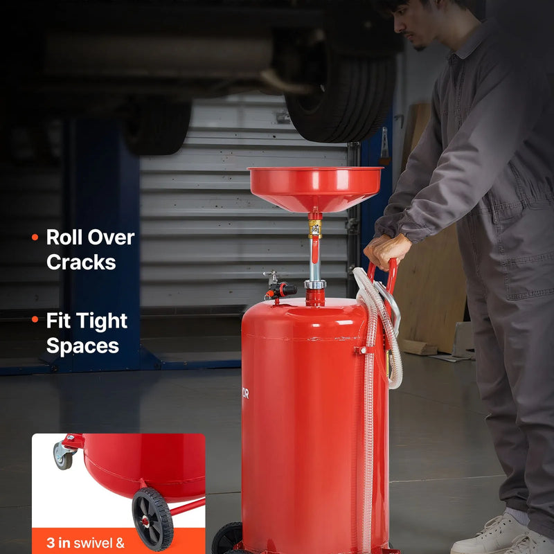 95 L pneimatiski darbināma eļļas noteces tvertne ar regulējamu piltuves augstumu, pārvietojama ar riteņiem, rūpnieciska šķidrumu un degvielas notecināšanas ierīce auto servisiem, sarkana