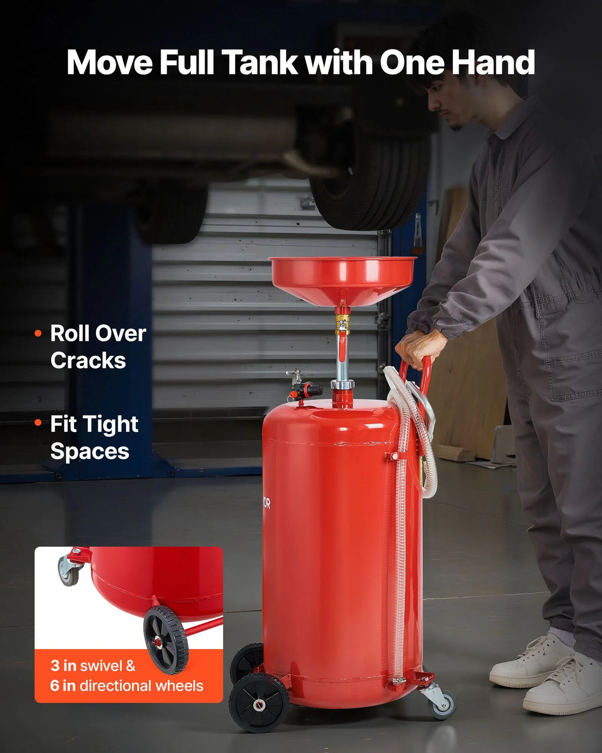 VEVOR Pneumatic Oil Drain Tank, 95 L, with Adjustable Funnel Height, Mobile Design with Wheels, for Oil and Fluid Drainage in Auto Repair Shops and Workshops, Red