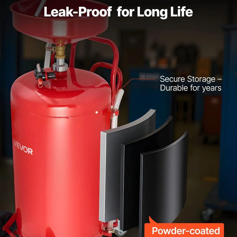 95 L pneimatiski darbināma eļļas noteces tvertne ar regulējamu piltuves augstumu, pārvietojama ar riteņiem, rūpnieciska šķidrumu un degvielas notecināšanas ierīce auto servisiem, sarkana