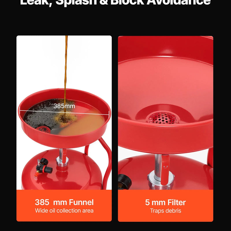 95 L pneimatiski darbināma eļļas noteces tvertne ar regulējamu piltuves augstumu, pārvietojama ar riteņiem, rūpnieciska šķidrumu un degvielas notecināšanas ierīce auto servisiem, sarkana