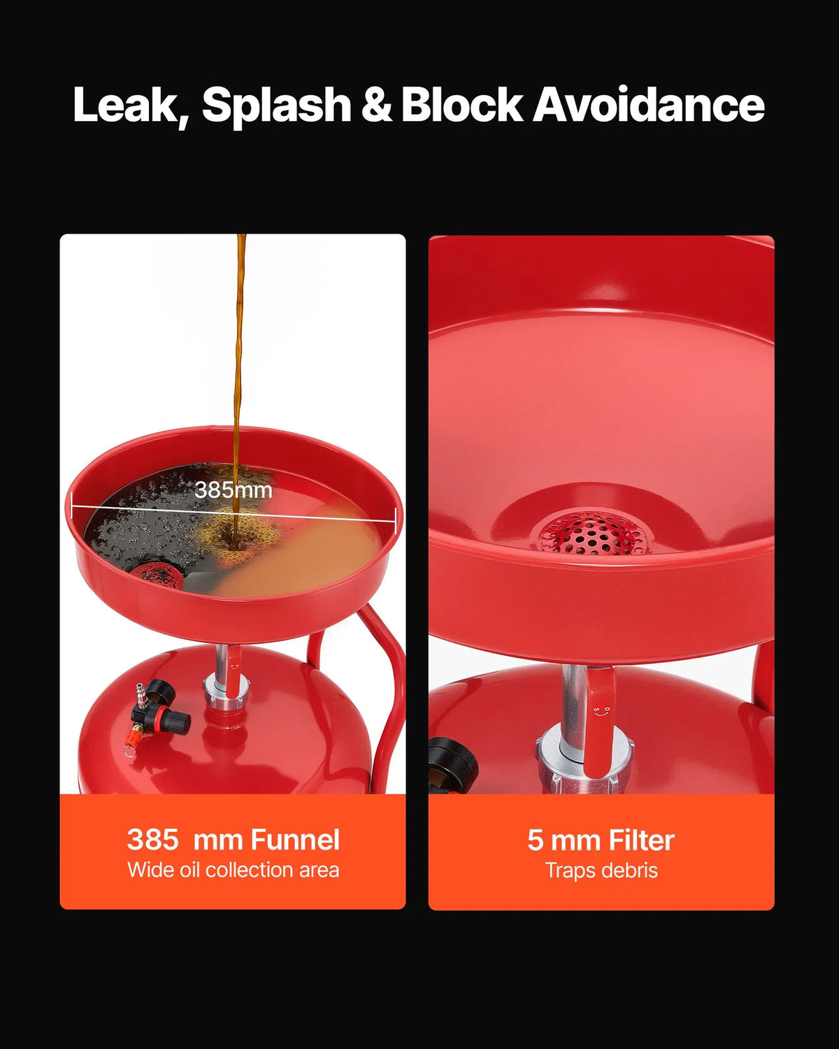 VEVOR Pneumatic Oil Drain Tank, 95 L, with Adjustable Funnel Height, Mobile Design with Wheels, for Oil and Fluid Drainage in Auto Repair Shops and Workshops, Red