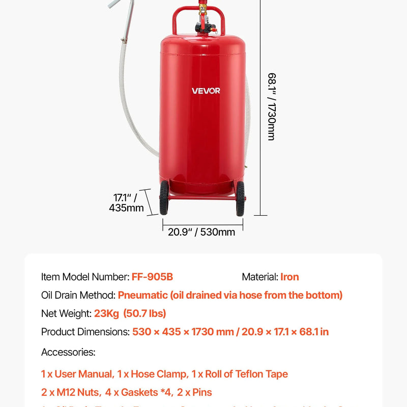 95 L pneimatiski darbināma eļļas noteces tvertne ar regulējamu piltuves augstumu, pārvietojama ar riteņiem, rūpnieciska šķidrumu un degvielas notecināšanas ierīce auto servisiem, sarkana