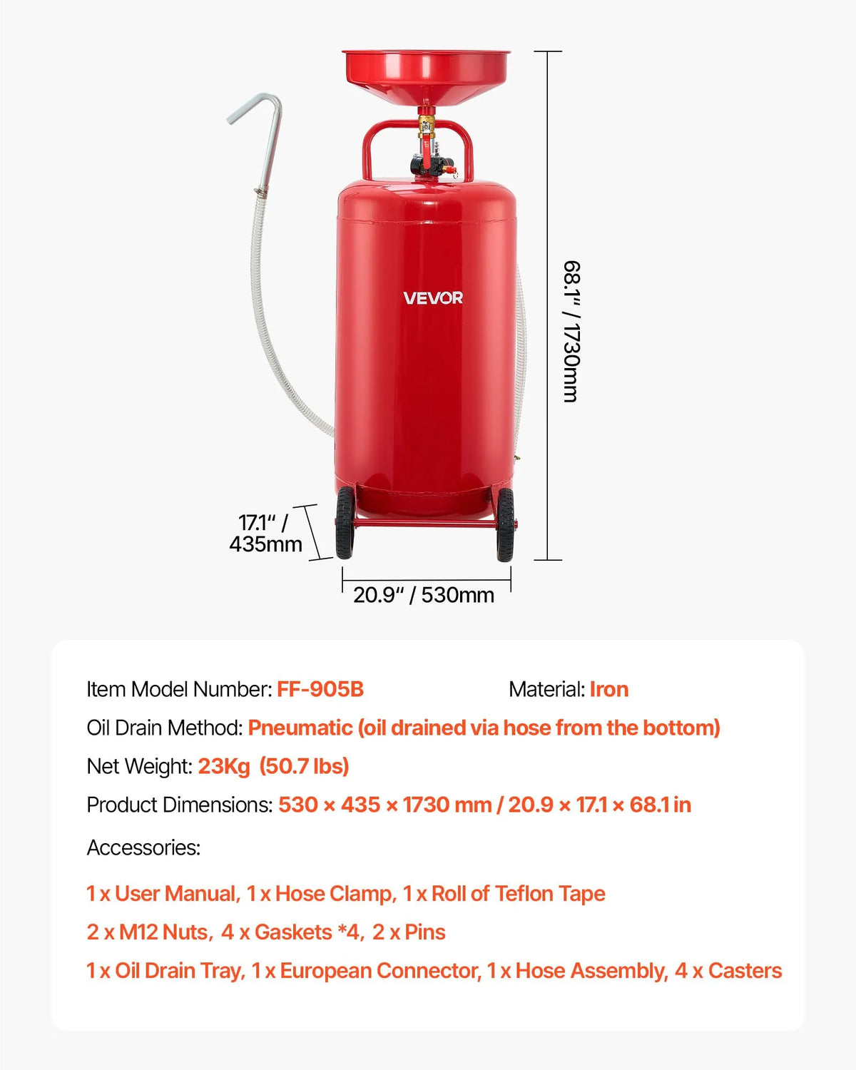 VEVOR Pneumatic Oil Drain Tank, 95 L, with Adjustable Funnel Height, Mobile Design with Wheels, for Oil and Fluid Drainage in Auto Repair Shops and Workshops, Red