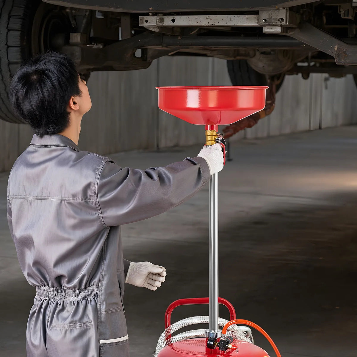 VEVOR Pneumatic Oil Drain Tank, 95 L, with Adjustable Funnel Height, Mobile Design with Wheels, for Oil and Fluid Drainage in Auto Repair Shops and Workshops, Red