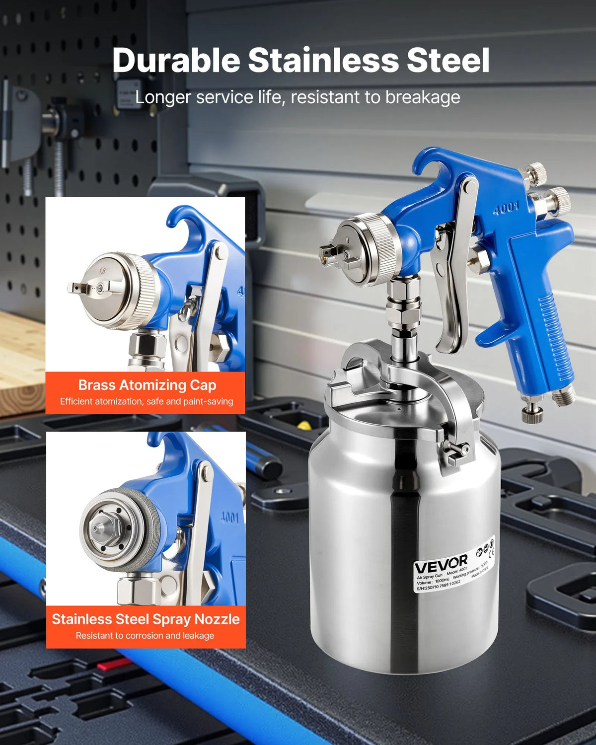 VEVOR Siphon Feed Spray Gun with 1000 ml Tank, High Atomization Pneumatic Spray Gun with 1.8 mm Nozzle, Adjustable Flow and Air Supply for Cars, Furniture, Walls and Home Painting