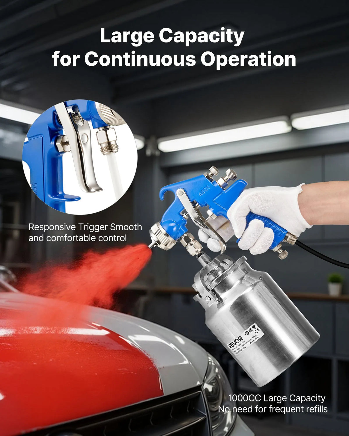 VEVOR Siphon Feed Spray Gun with 1000 ml Tank, High Atomization Pneumatic Spray Gun with 1.8 mm Nozzle, Adjustable Flow and Air Supply for Cars, Furniture, Walls and Home Painting
