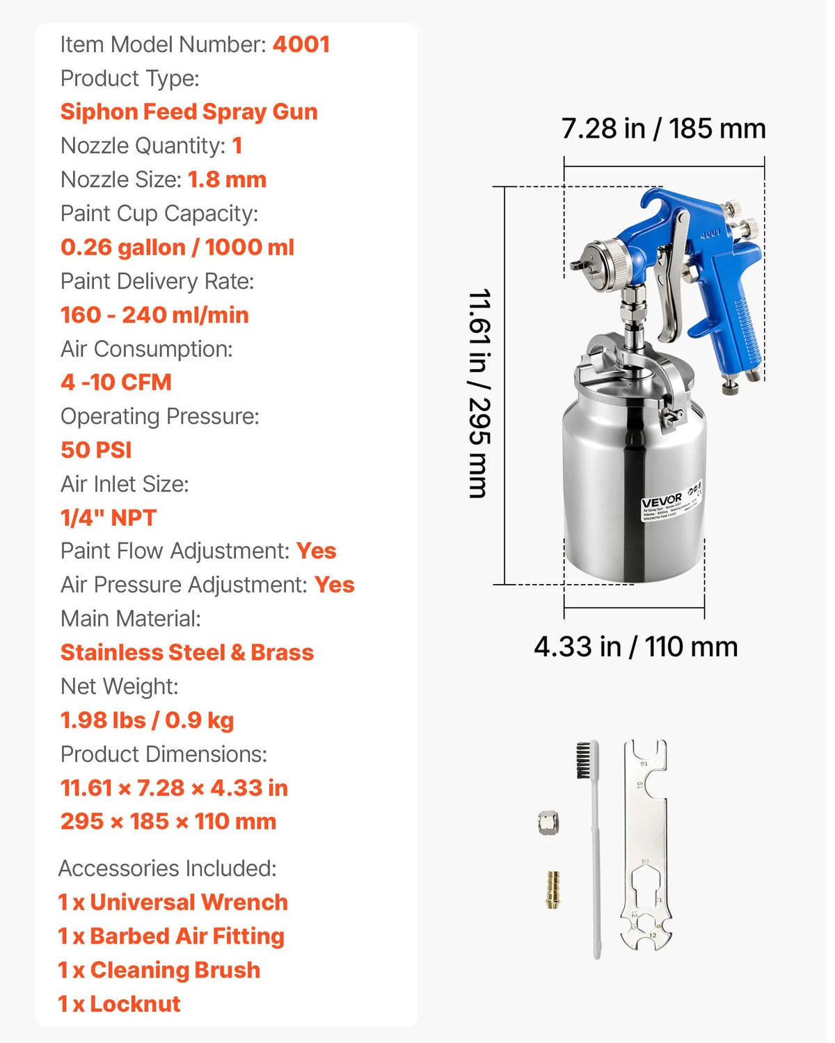 VEVOR Siphon Feed Spray Gun with 1000 ml Tank, High Atomization Pneumatic Spray Gun with 1.8 mm Nozzle, Adjustable Flow and Air Supply for Cars, Furniture, Walls and Home Painting