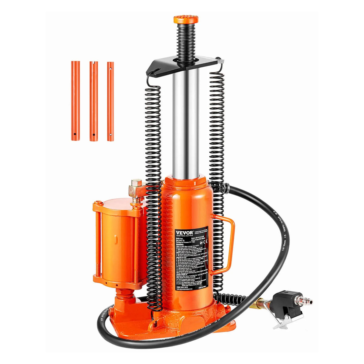 VEVOR Pneumatic Hydraulic Bottle Jack 12 t with Lifting Range 265–505 mm, Pneumatic and Manual Reinforced Construction Welded Jack with Hand Pump, Suitable for SUV, Pickup Trucks, Lorries and Light Vehicle Repair, Orange
