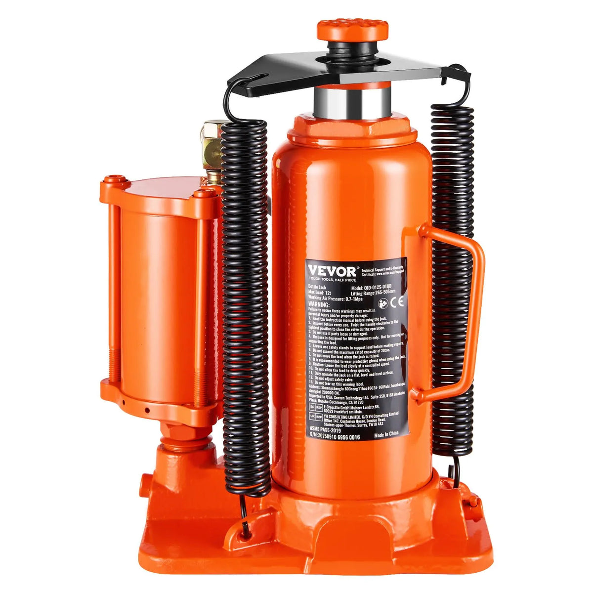 VEVOR Pneumatic Hydraulic Bottle Jack 12 t with Lifting Range 265–505 mm, Pneumatic and Manual Reinforced Construction Welded Jack with Hand Pump, Suitable for SUV, Pickup Trucks, Lorries and Light Vehicle Repair, Orange