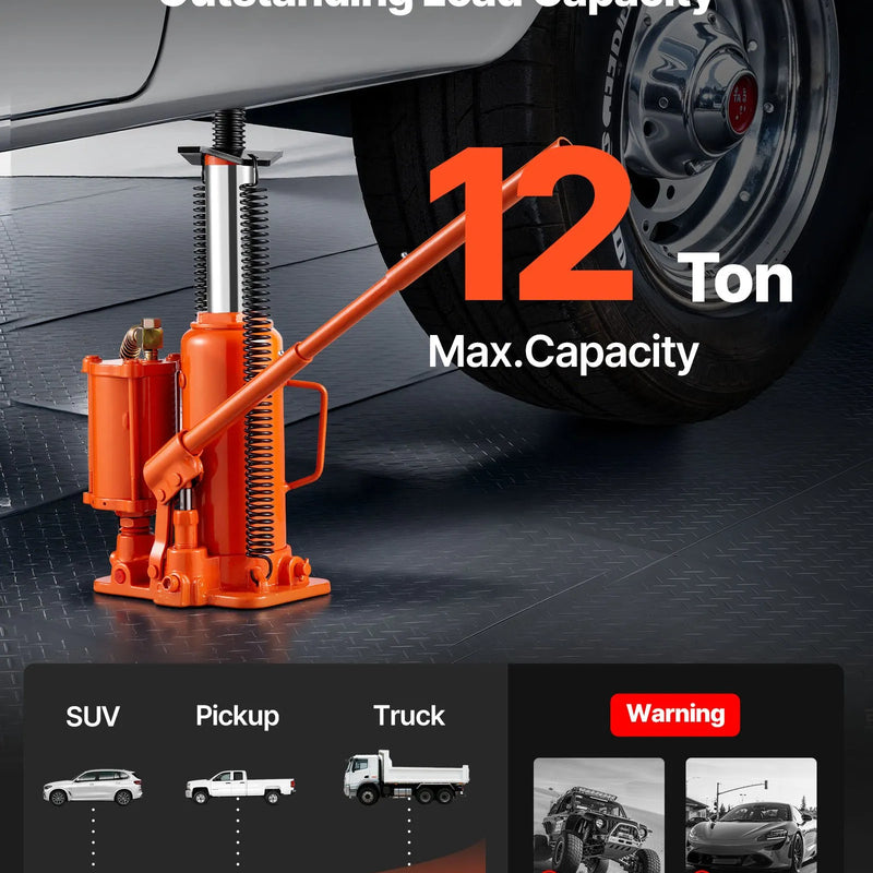 VEVOR pneimatiskais hidrauliskais pudeles domkrats 12 t ar pacelšanas diapazonu 265–505 mm, pneimatisks un manuāls pastiprinātas konstrukcijas metināts domkrats ar rokas sūkni, piemērots SUV, pikapiem, kravas automobiļiem un vieglo auto remontam, oranžs