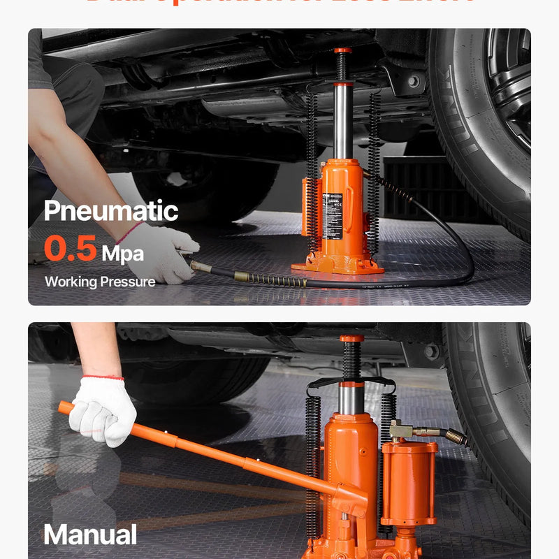VEVOR pneimatiskais hidrauliskais pudeles domkrats 12 t ar pacelšanas diapazonu 265–505 mm, pneimatisks un manuāls pastiprinātas konstrukcijas metināts domkrats ar rokas sūkni, piemērots SUV, pikapiem, kravas automobiļiem un vieglo auto remontam, oranžs
