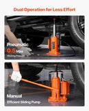 VEVOR pneimatiskais hidrauliskais pudeles domkrats 12 t ar pacelšanas diapazonu 265–505 mm, pneimatisks un manuāls pastiprinātas konstrukcijas metināts domkrats ar rokas sūkni, piemērots SUV, pikapiem, kravas automobiļiem un vieglo auto remontam, oranžs