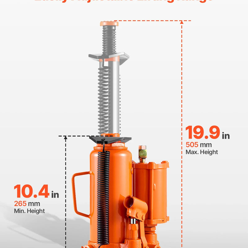 VEVOR pneimatiskais hidrauliskais pudeles domkrats 12 t ar pacelšanas diapazonu 265–505 mm, pneimatisks un manuāls pastiprinātas konstrukcijas metināts domkrats ar rokas sūkni, piemērots SUV, pikapiem, kravas automobiļiem un vieglo auto remontam, oranžs