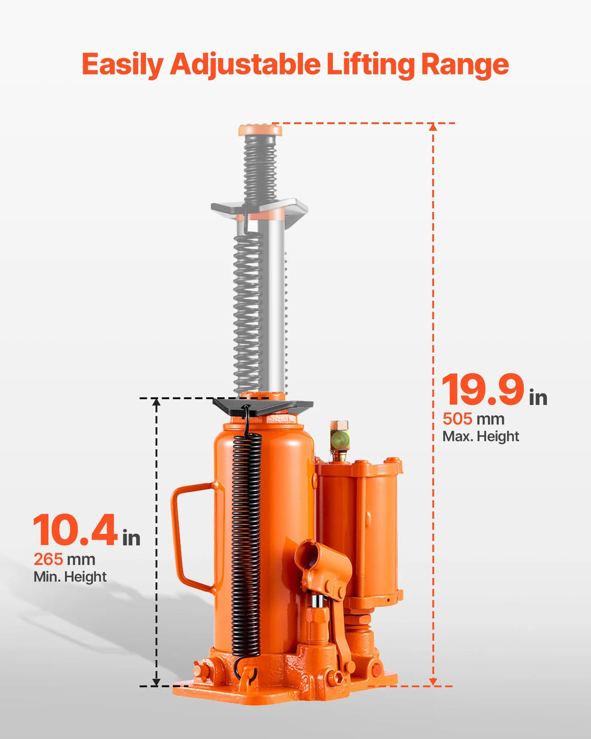 VEVOR Pneumatic Hydraulic Bottle Jack 12 t with Lifting Range 265–505 mm, Pneumatic and Manual Reinforced Construction Welded Jack with Hand Pump, Suitable for SUV, Pickup Trucks, Lorries and Light Vehicle Repair, Orange