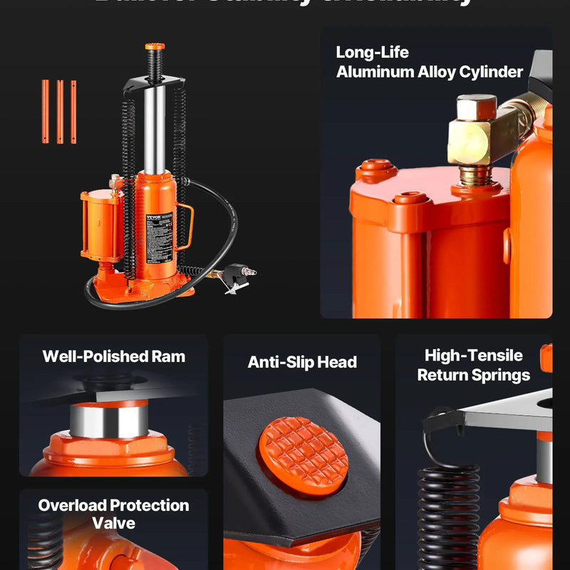 VEVOR pneimatiskais hidrauliskais pudeles domkrats 12 t ar pacelšanas diapazonu 265–505 mm, pneimatisks un manuāls pastiprinātas konstrukcijas metināts domkrats ar rokas sūkni, piemērots SUV, pikapiem, kravas automobiļiem un vieglo auto remontam, oranžs