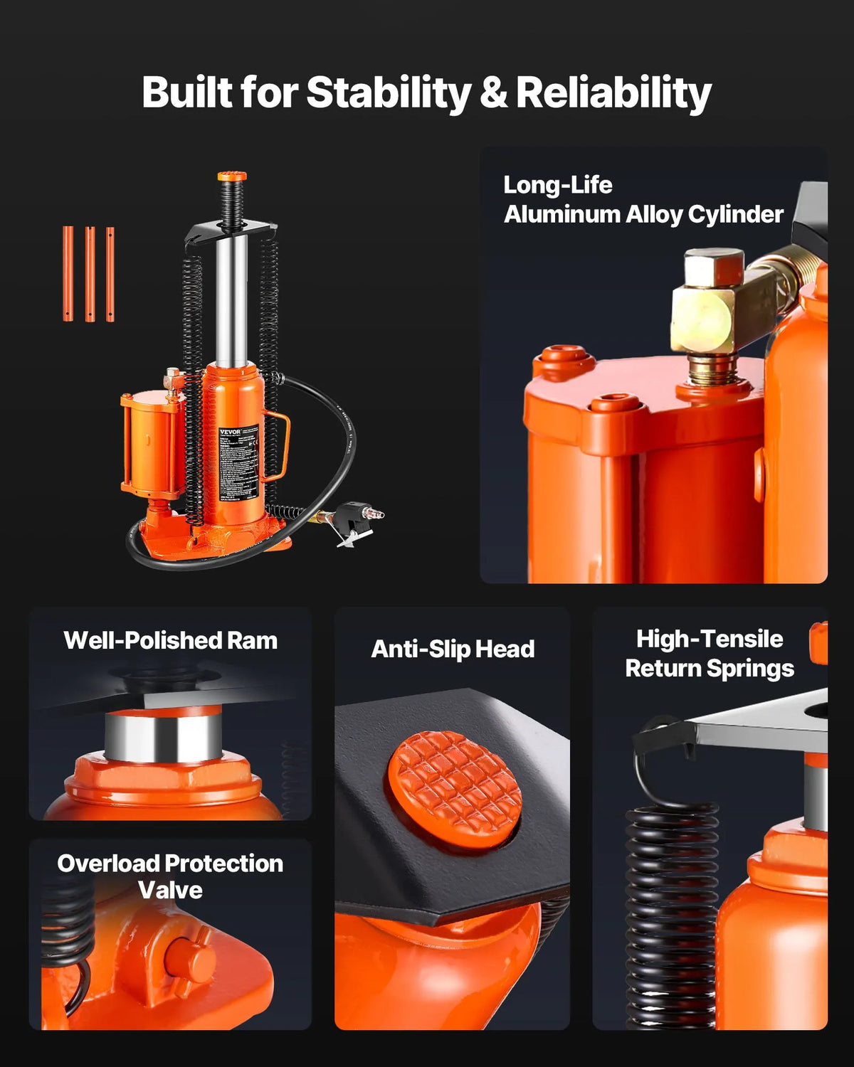 VEVOR Pneumatic Hydraulic Bottle Jack 12 t with Lifting Range 265–505 mm, Pneumatic and Manual Reinforced Construction Welded Jack with Hand Pump, Suitable for SUV, Pickup Trucks, Lorries and Light Vehicle Repair, Orange