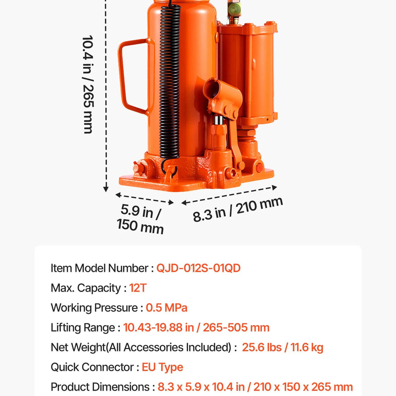 VEVOR pneimatiskais hidrauliskais pudeles domkrats 12 t ar pacelšanas diapazonu 265–505 mm, pneimatisks un manuāls pastiprinātas konstrukcijas metināts domkrats ar rokas sūkni, piemērots SUV, pikapiem, kravas automobiļiem un vieglo auto remontam, oranžs