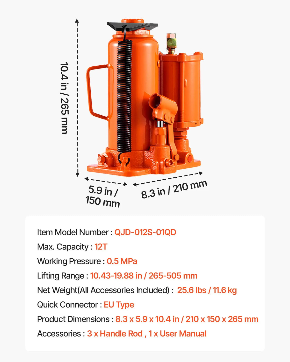 VEVOR Pneumatic Hydraulic Bottle Jack 12 t with Lifting Range 265–505 mm, Pneumatic and Manual Reinforced Construction Welded Jack with Hand Pump, Suitable for SUV, Pickup Trucks, Lorries and Light Vehicle Repair, Orange