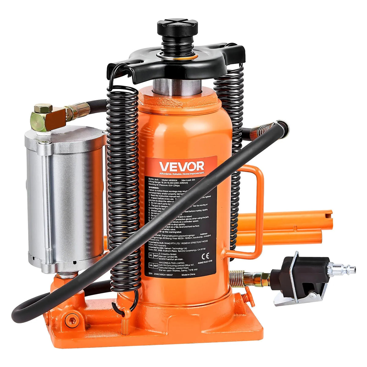VEVOR Pneumatic/Hydraulic Bottle Jack, 20 t Lifting Capacity, Lift Range 260–495 mm, Reinforced Welded Jack with Pump, for SUV, Pickup Trucks, Lorries, Campers and Car Repair, Orange