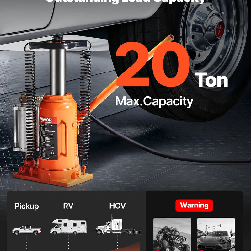 VEVOR pneimatiskais/hidrauliskais pudeles domkrats, celtspēja 20 t, pacelšanas diapazons 260–495 mm, pastiprinātas konstrukcijas metināts domkrats ar sūkni, paredzēts SUV, pikapiem, kravas auto, kemperiem un auto remontam, oranžs