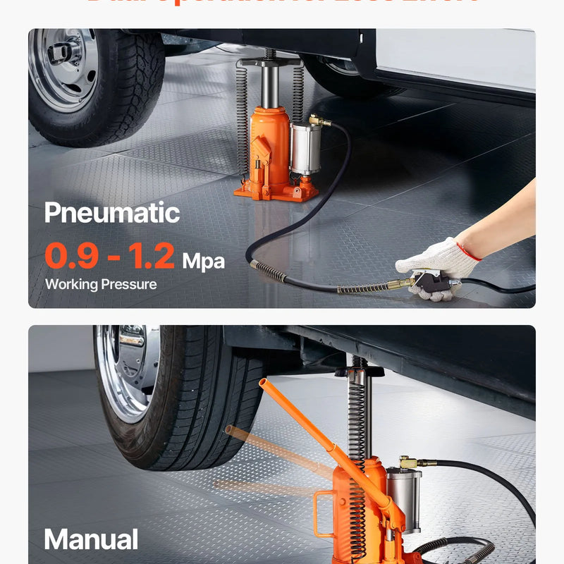 VEVOR pneimatiskais/hidrauliskais pudeles domkrats, celtspēja 20 t, pacelšanas diapazons 260–495 mm, pastiprinātas konstrukcijas metināts domkrats ar sūkni, paredzēts SUV, pikapiem, kravas auto, kemperiem un auto remontam, oranžs