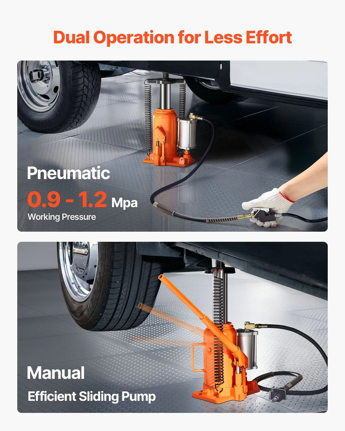 VEVOR Pneumatic/Hydraulic Bottle Jack, 20 t Lifting Capacity, Lift Range 260–495 mm, Reinforced Welded Jack with Pump, for SUV, Pickup Trucks, Lorries, Campers and Car Repair, Orange
