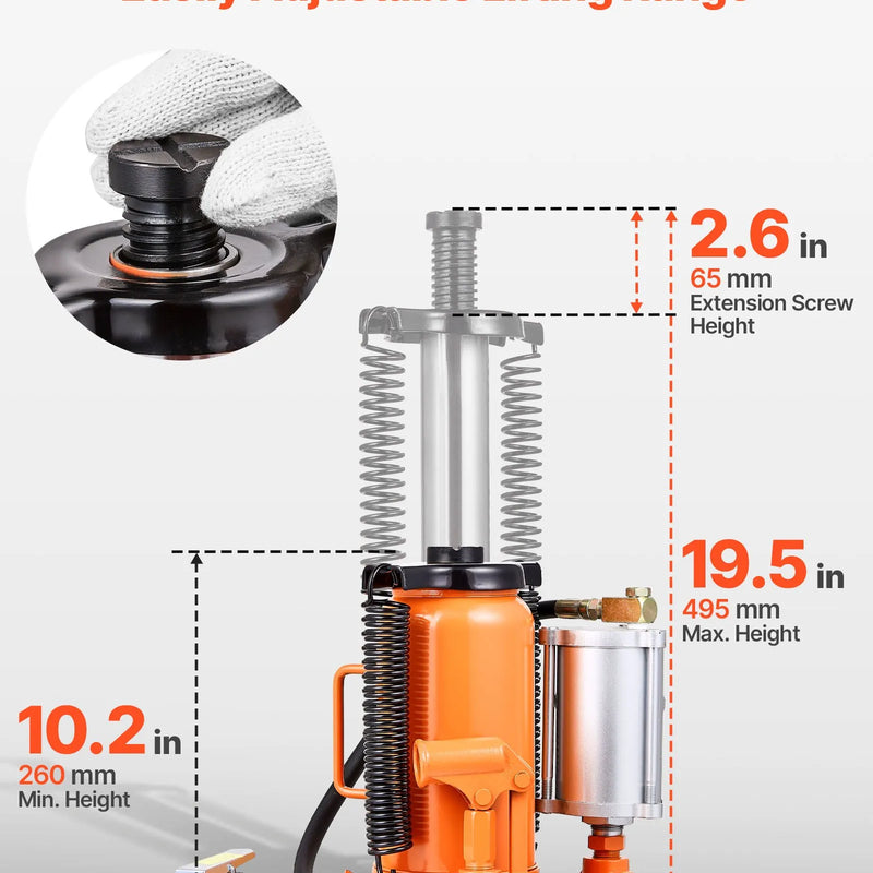 VEVOR pneimatiskais/hidrauliskais pudeles domkrats, celtspēja 20 t, pacelšanas diapazons 260–495 mm, pastiprinātas konstrukcijas metināts domkrats ar sūkni, paredzēts SUV, pikapiem, kravas auto, kemperiem un auto remontam, oranžs