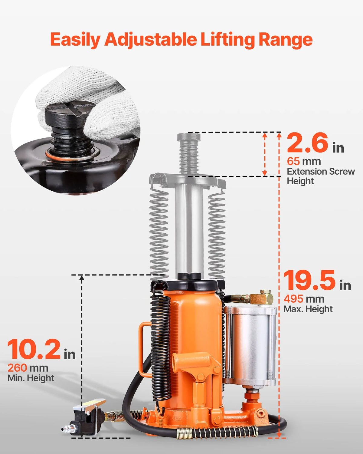 VEVOR Pneumatic/Hydraulic Bottle Jack, 20 t Lifting Capacity, Lift Range 260–495 mm, Reinforced Welded Jack with Pump, for SUV, Pickup Trucks, Lorries, Campers and Car Repair, Orange