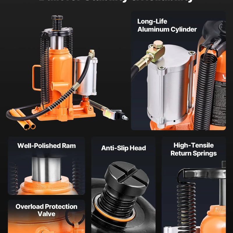 VEVOR pneimatiskais/hidrauliskais pudeles domkrats, celtspēja 20 t, pacelšanas diapazons 260–495 mm, pastiprinātas konstrukcijas metināts domkrats ar sūkni, paredzēts SUV, pikapiem, kravas auto, kemperiem un auto remontam, oranžs