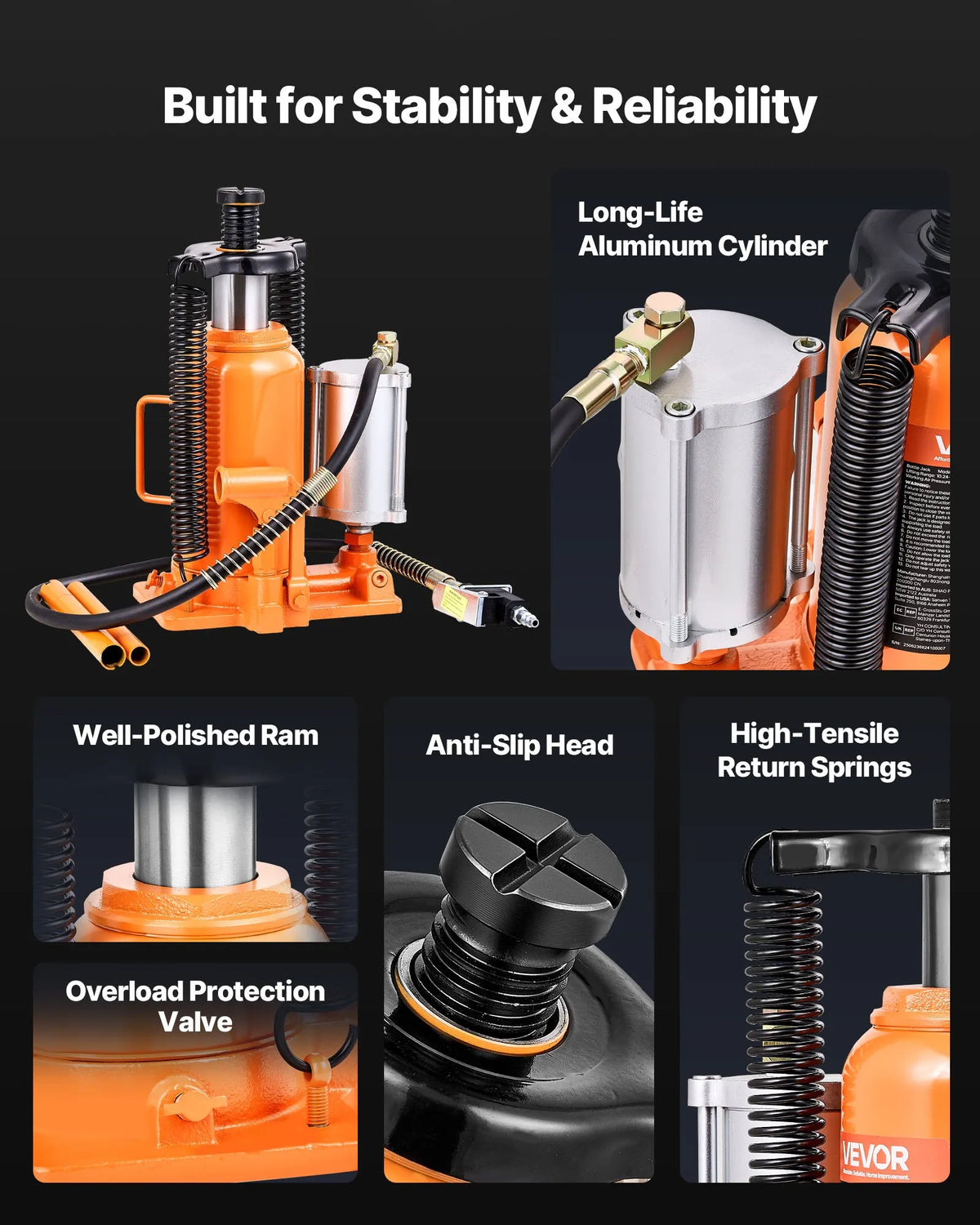 VEVOR Pneumatic/Hydraulic Bottle Jack, 20 t Lifting Capacity, Lift Range 260–495 mm, Reinforced Welded Jack with Pump, for SUV, Pickup Trucks, Lorries, Campers and Car Repair, Orange