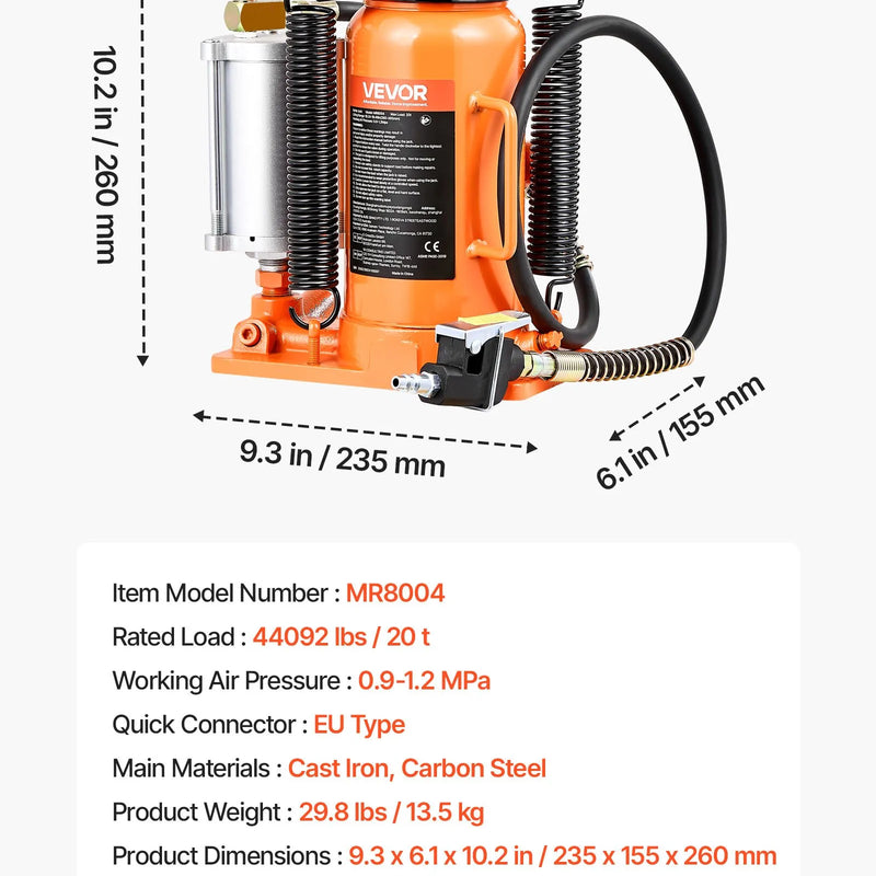 VEVOR pneimatiskais/hidrauliskais pudeles domkrats, celtspēja 20 t, pacelšanas diapazons 260–495 mm, pastiprinātas konstrukcijas metināts domkrats ar sūkni, paredzēts SUV, pikapiem, kravas auto, kemperiem un auto remontam, oranžs