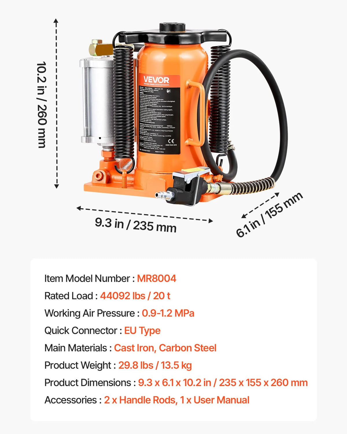 VEVOR Pneumatic/Hydraulic Bottle Jack, 20 t Lifting Capacity, Lift Range 260–495 mm, Reinforced Welded Jack with Pump, for SUV, Pickup Trucks, Lorries, Campers and Car Repair, Orange