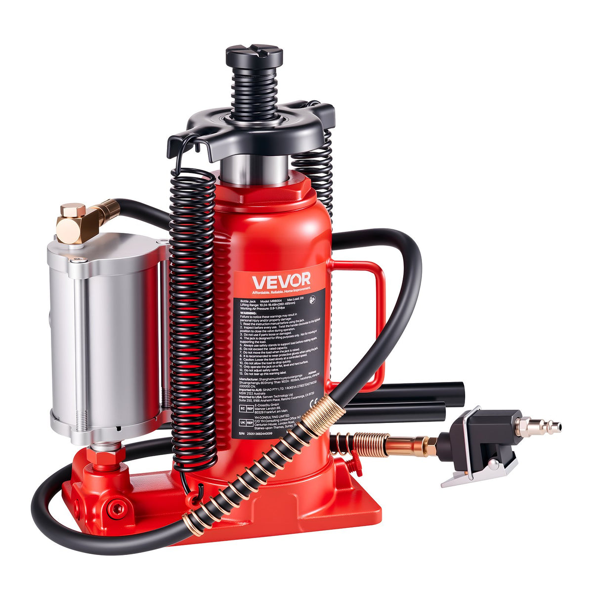 VEVOR Pneumatic and Hydraulic Bottle Jack, 20 t Lifting Capacity, Lifting Range 260–495 mm, Heavy-Duty Welded Construction with Pump, Suitable for Cars, Trucks, Campers and Building Lifting, Red