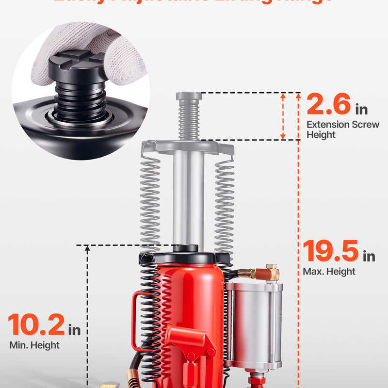 Gaisa hidrauliskais pudeļveida domkrats, 20 t, 260-495 mm, sarkans