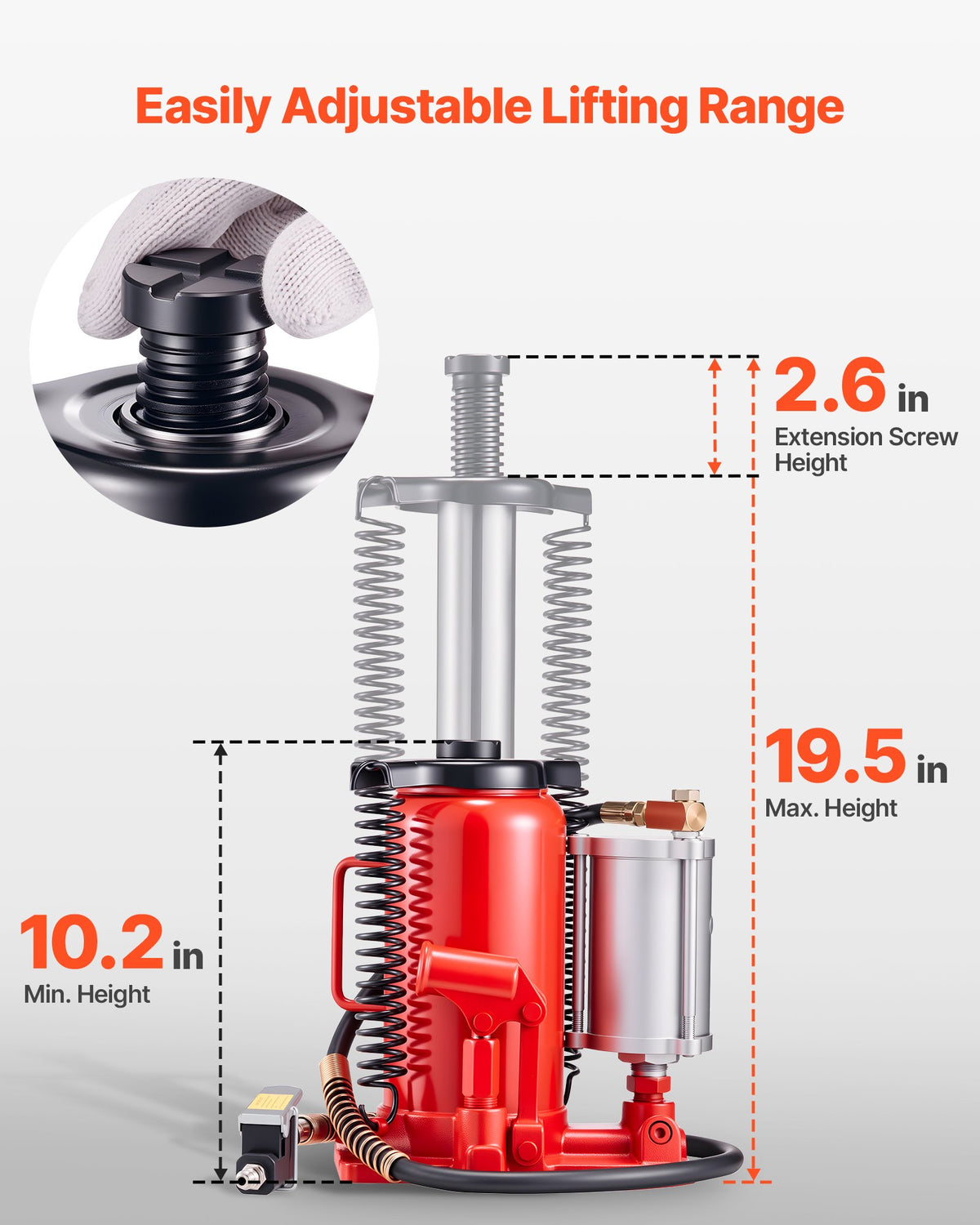 VEVOR Pneumatic and Hydraulic Bottle Jack, 20 t Lifting Capacity, Lifting Range 260–495 mm, Heavy-Duty Welded Construction with Pump, Suitable for Cars, Trucks, Campers and Building Lifting, Red