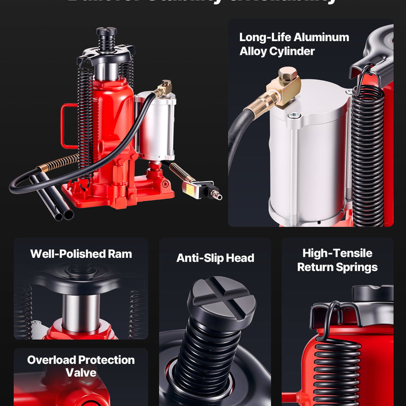 Gaisa hidrauliskais pudeļveida domkrats, 20 t, 260-495 mm, sarkans