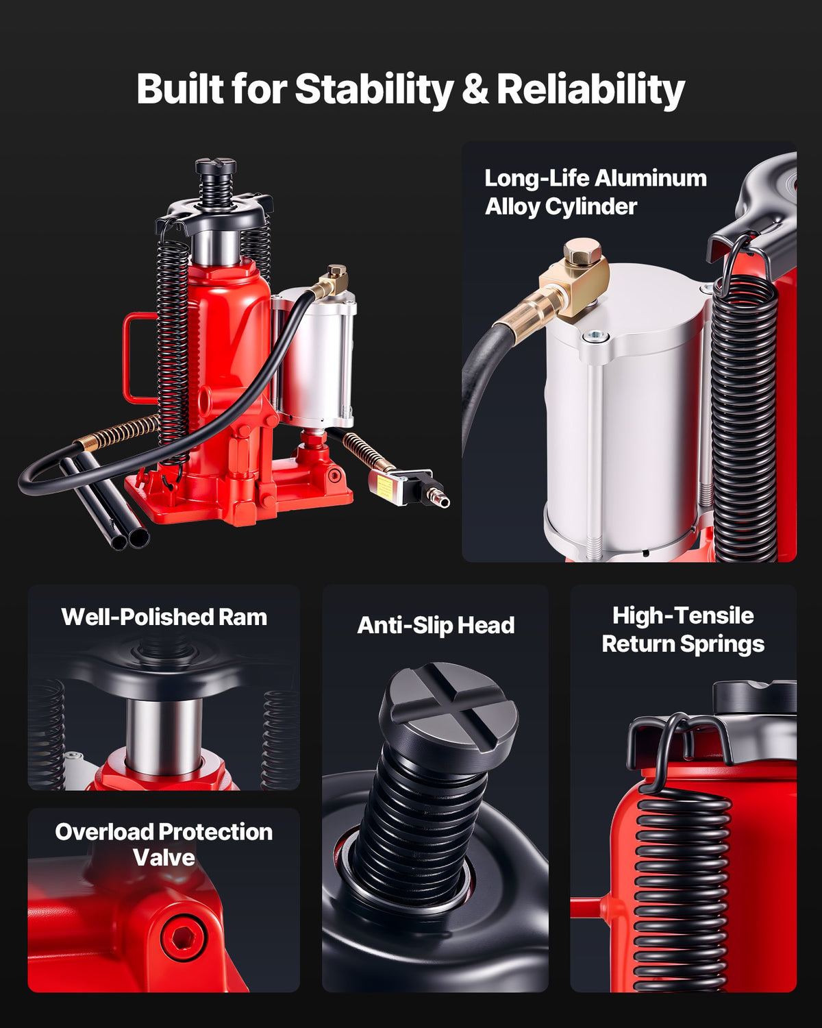 VEVOR Pneumatic and Hydraulic Bottle Jack, 20 t Lifting Capacity, Lifting Range 260–495 mm, Heavy-Duty Welded Construction with Pump, Suitable for Cars, Trucks, Campers and Building Lifting, Red