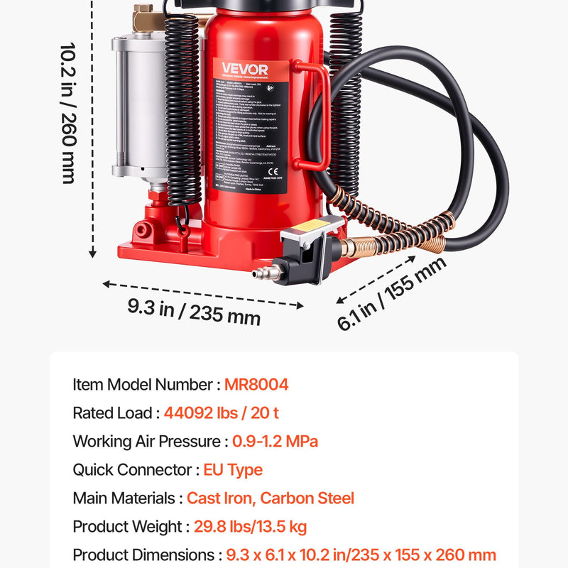 Gaisa hidrauliskais pudeļveida domkrats, 20 t, 260-495 mm, sarkans